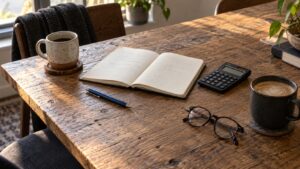 Editorial illustration of a wooden meeting table with two coffee cups, an open notebook, calculator, pen, and reading glasses.