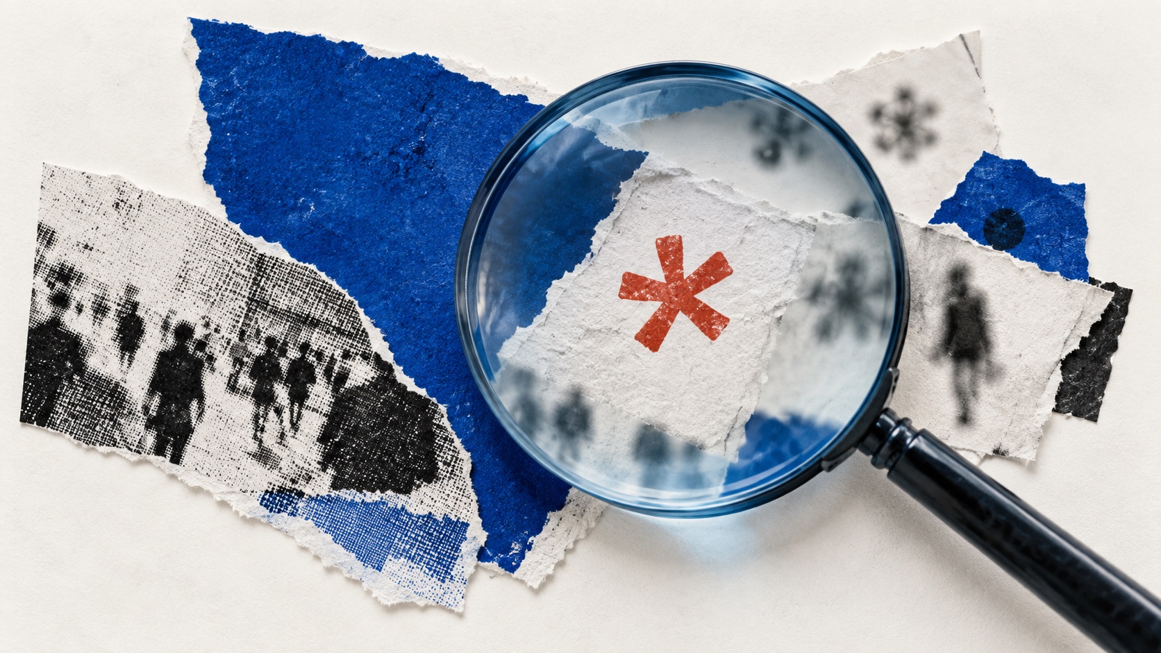 Editorial collage of a magnifying glass focusing on a red asterisk among torn blue paper and halftone figures.