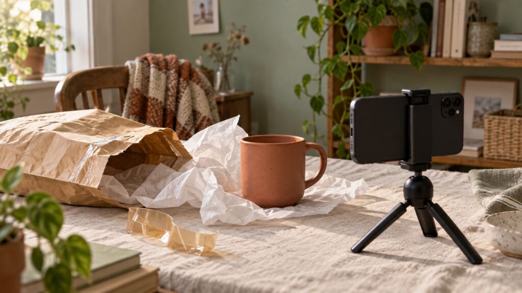 Editorial illustration of an unpacked ceramic mug and tissue paper beside a smartphone on a tabletop tripod in a home filming setup.