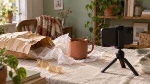Editorial illustration of an unpacked ceramic mug and tissue paper beside a smartphone on a tabletop tripod in a home filming setup.