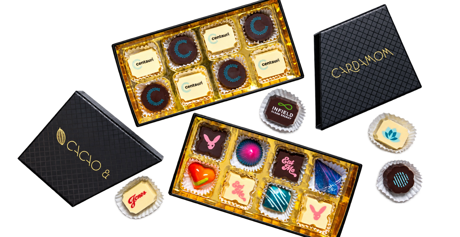 Cacao & Cardamom chocolate gift boxes with customized designs on the chocolates.