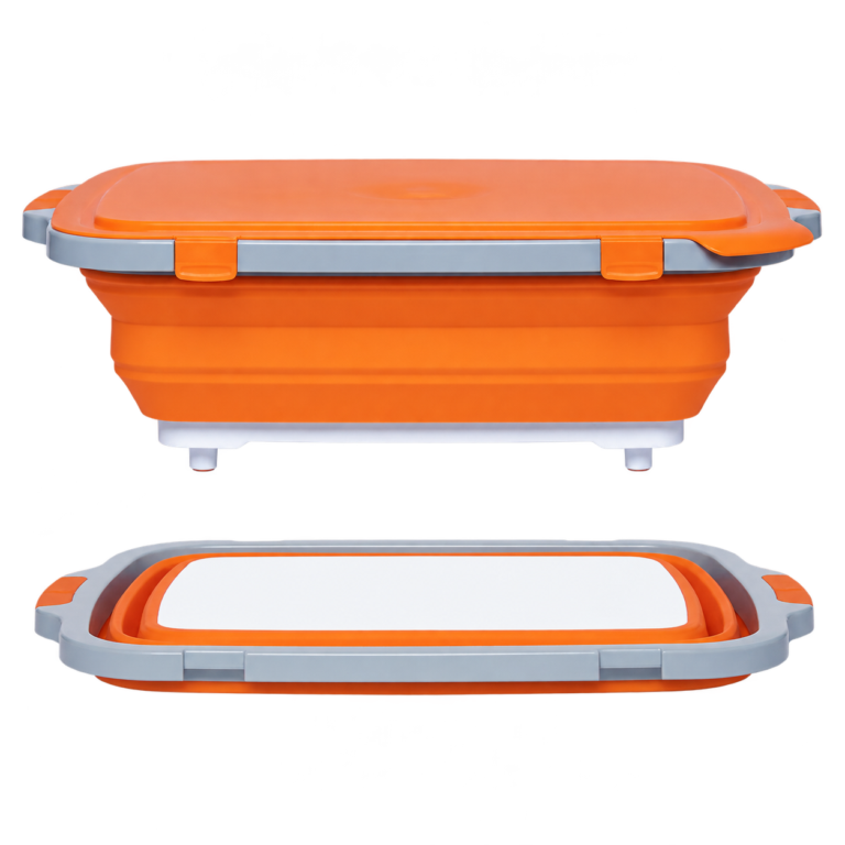 Orange Drip EZ prep tub shown expanded and collapsed.