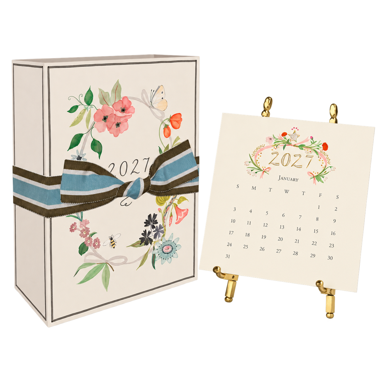 Karen Adams Designs floral calendar gift box with a striped ribbon and calendar on a brass easel.