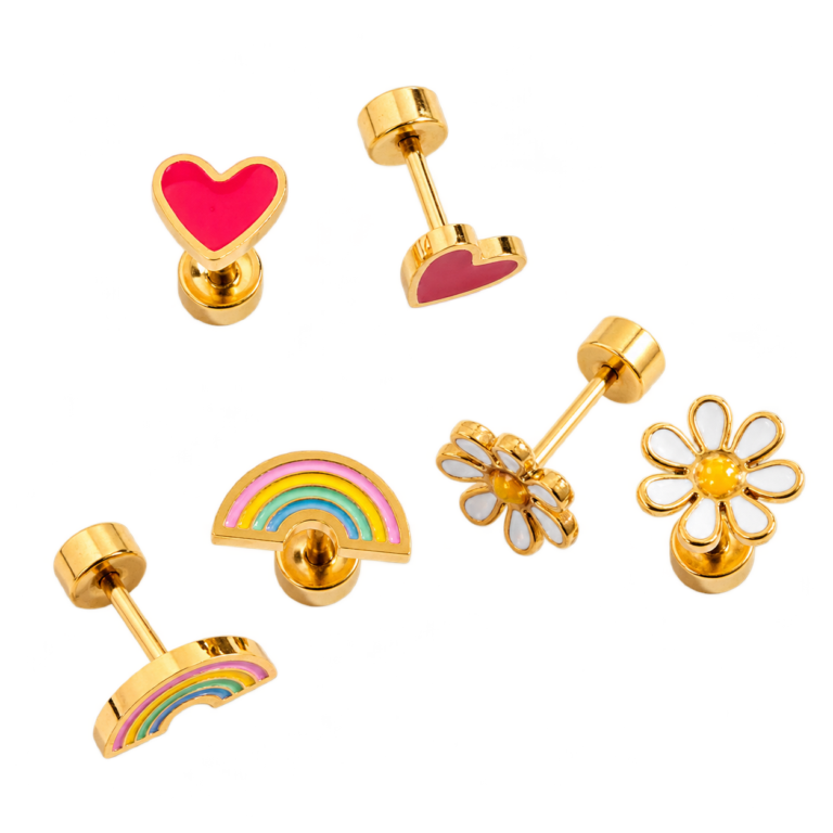 Pip Pop Post stud earrings with hearts, bows, flowers and rainbows.