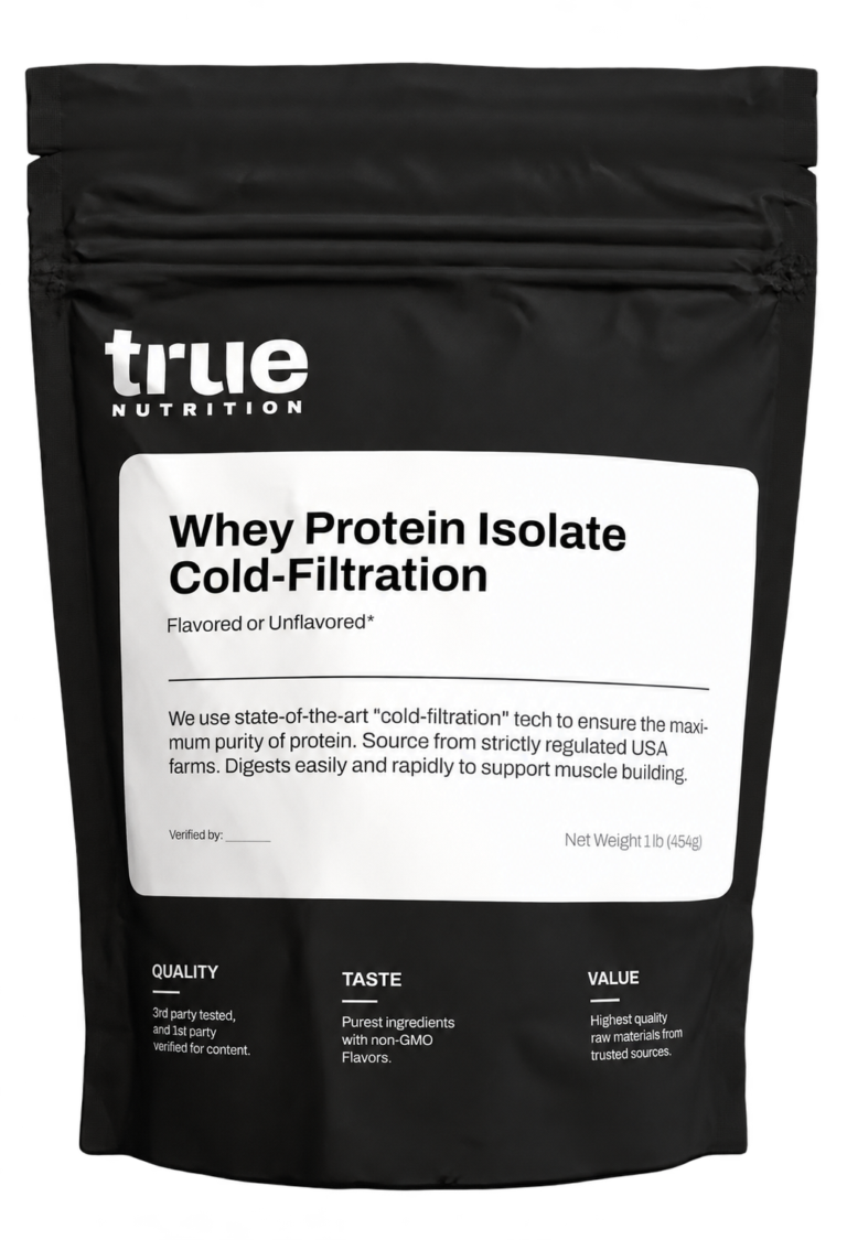 Black True Nutrition pouch labeled Whey Protein Isolate Cold-Filtration.