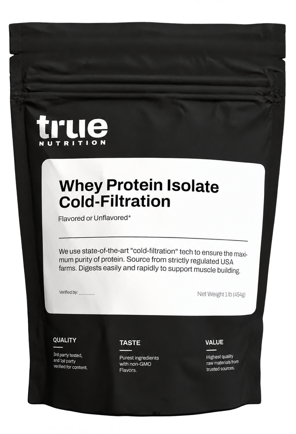 Black True Nutrition pouch labeled Whey Protein Isolate Cold-Filtration.